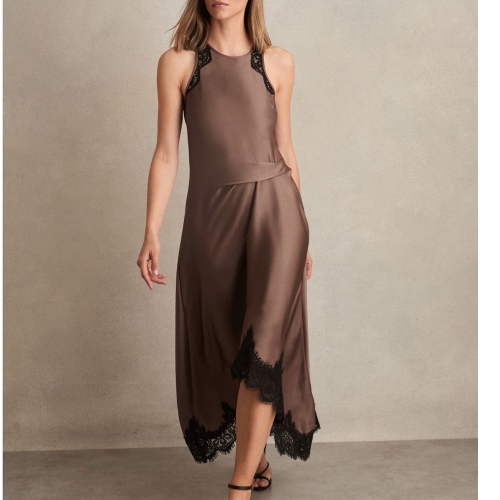 NWT REISS Anais Drape lace-trim dress mocha brown size 12 - Picture 4 of 12